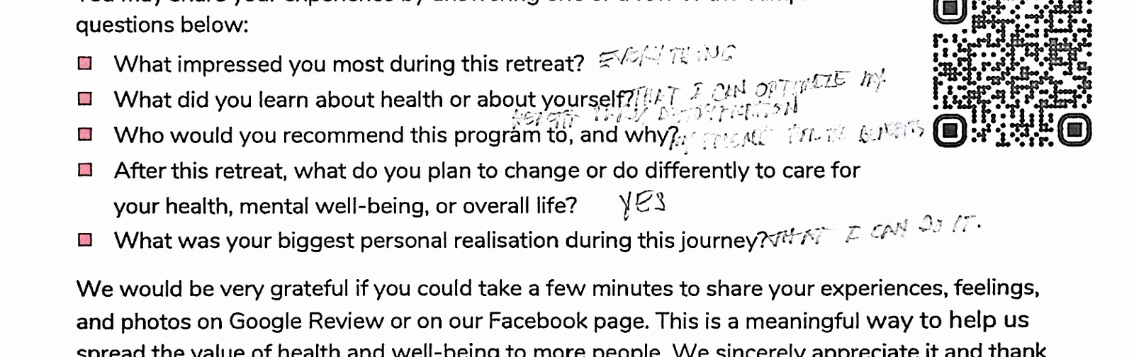 Handwritten excerpt from Estrella Quilendrino's An Retreat feedback